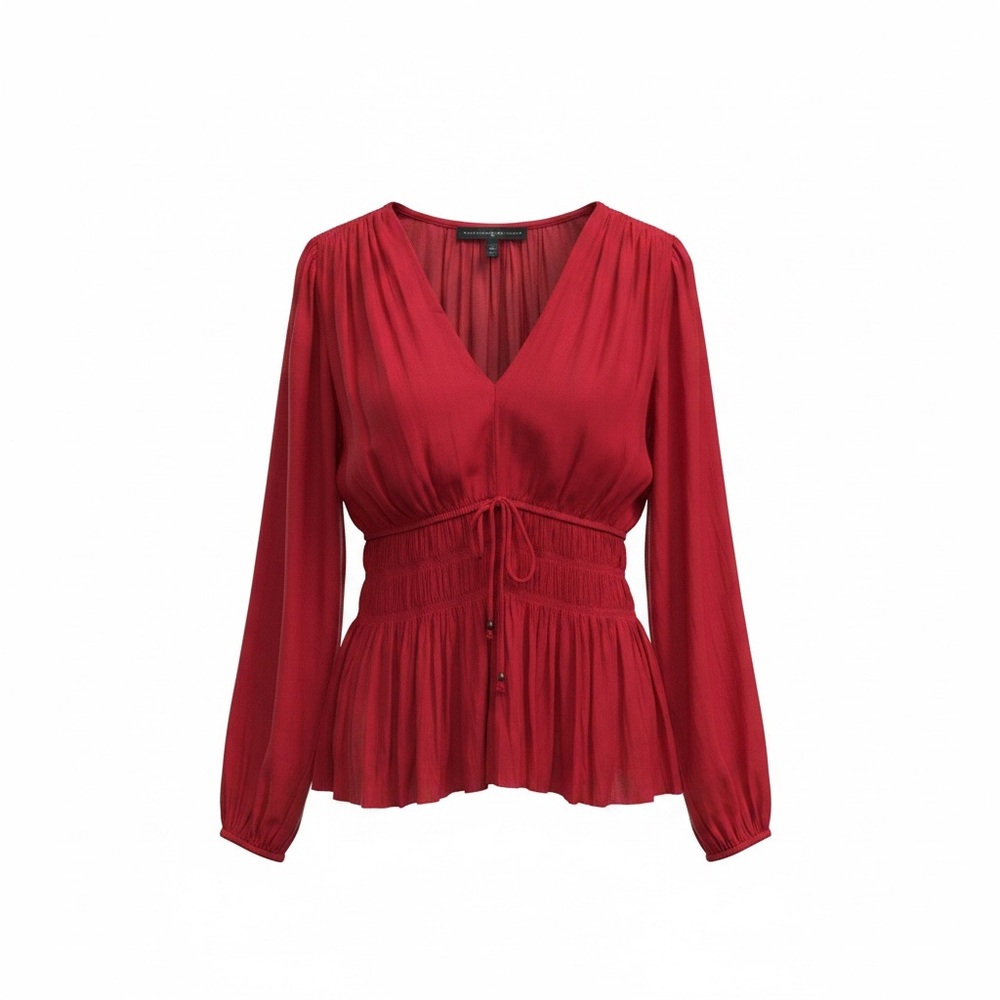 White House Black Market Red V-Neck Smocked Peplum Blouse